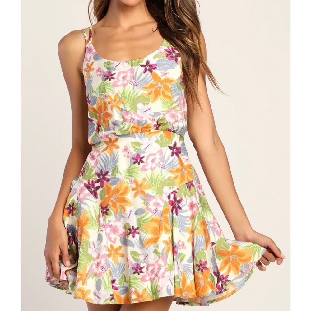 LULUS Bouquet of Blooms Floral Linen Mini Dress Small S